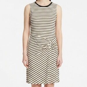 Just Be Side Cinch Dress Womens Large Olive White Striped Sleeveless Knit